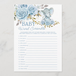 Blue Floral Elephant Baby Word Scramble Game Note Card