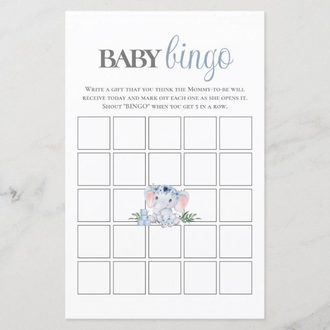 Blue Floral Elephant Bingo Baby Shower Game (Front)
