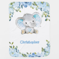 Blue Floral Elephant Boho Boy Birthday Baby Blanket