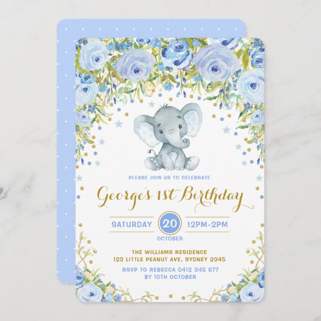 Blue Floral Elephant Boy 1st Birthday Party Invitation (Front/Back)