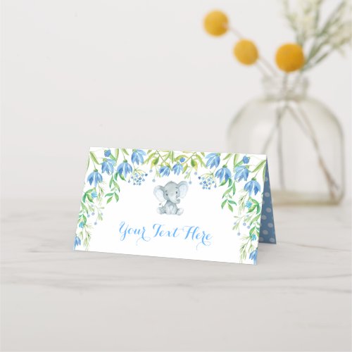 Blue Floral Elephant Boy Baby Shower 1st Birthday Place Card
