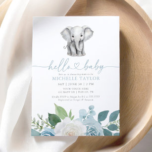 Blue Floral Elephant Boy Baby Shower Invitation