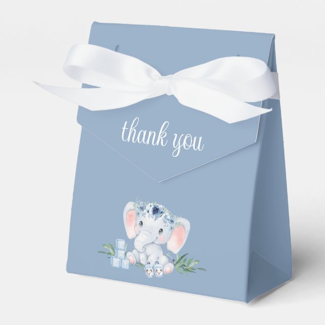 Blue Floral Elephant Boy Baby Shower Thank You Favor Boxes (Front Side)