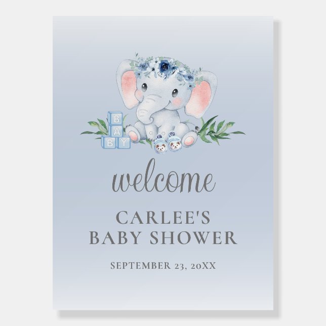 Blue Floral Elephant Boy Baby Shower Welcome Sign (Front)