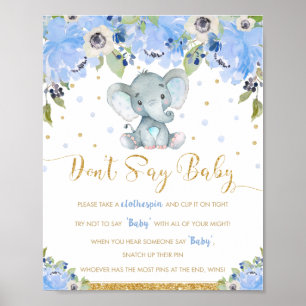 Blue Floral Elephant Don't Say Baby Shower Game  Poster