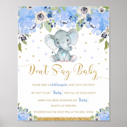Blue Floral Elephant Dont Say Baby Shower Game  Poster