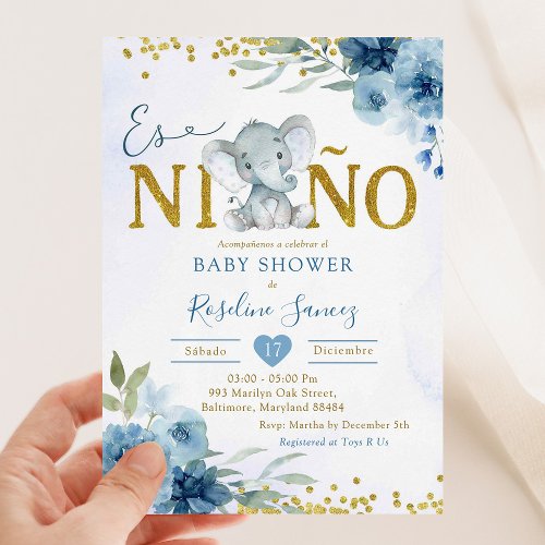Blue Floral Elephant Es ninÌƒo Boy Baby Shower Invitation