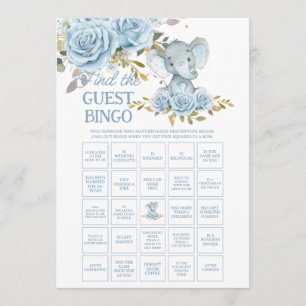Blue Floral Elephant Find the Guest Baby Bingo Note Card