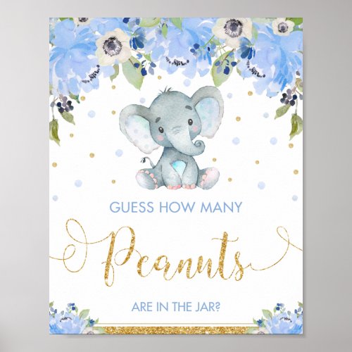 Blue Floral Elephant Guess How Many Peanuts Game Poster