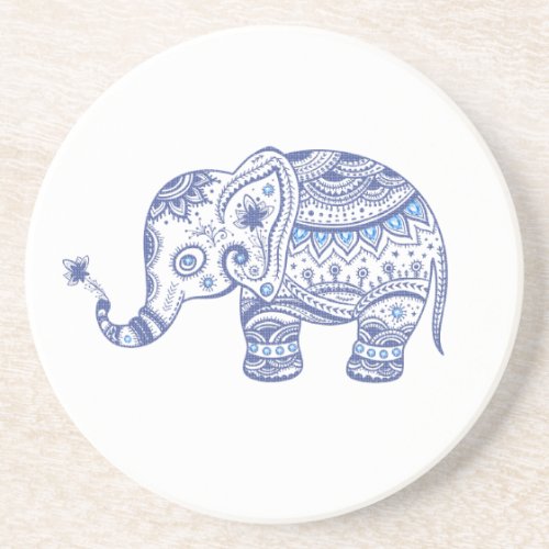 Blue Floral Elephant Illustration Drink Coaster