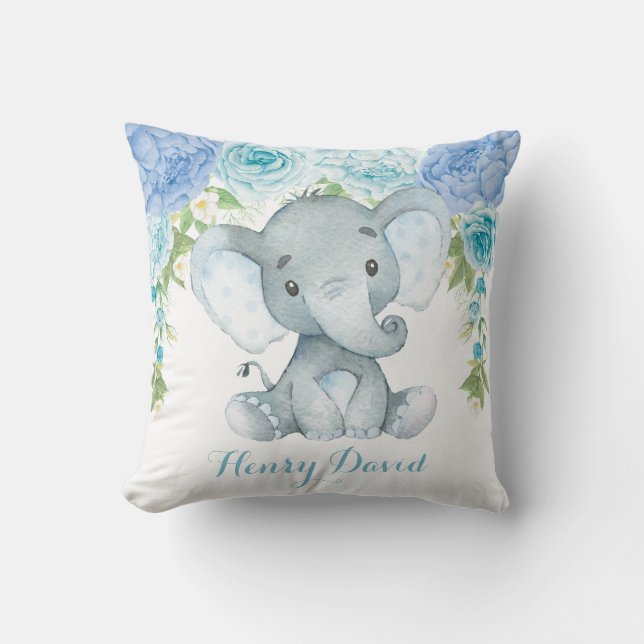 Blue Floral Elephant Jungle Baby Boy Nursery Throw Pillow (Front)