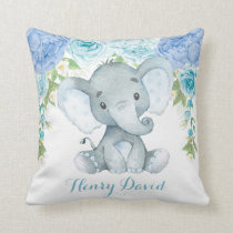 Blue Floral Elephant Jungle Baby Boy Nursery Throw Pillow