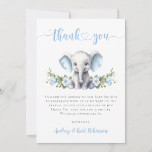 Blue Floral Elephant Little Peanut Baby Boy Shower Thank You Card