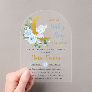 Blue Floral Elephant Moon Baby Boy Shower Arch Acrylic Invitations