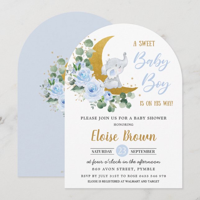 Blue Floral Elephant Moon Baby Boy Shower Arch Invitation (Front/Back)