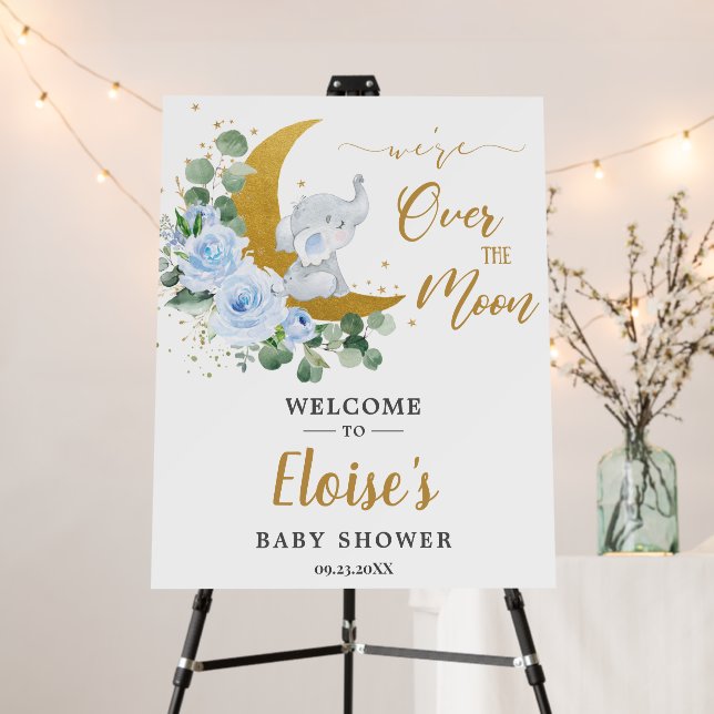 Blue Floral Elephant Moon Baby Shower Welcome  Foam Board (In Situ (Stand))