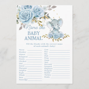 Blue Floral Elephant Name the Baby Animal Game Note Card