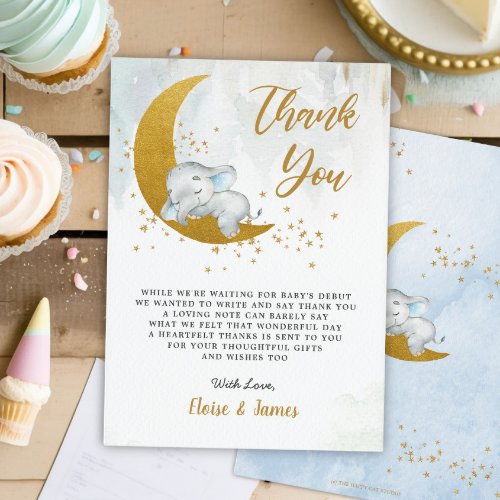 Blue Floral Elephant Over the Moon Baby Shower Thank You Card