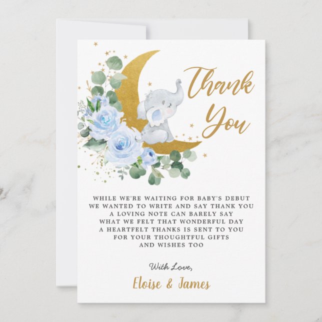 Blue Floral Elephant Over the Moon Baby Shower Thank You Card (Front)