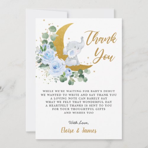 Blue Floral Elephant Over the Moon Baby Shower Thank You Card