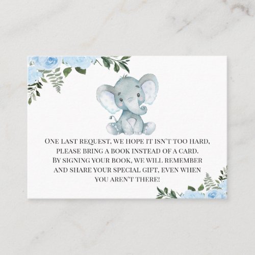 Blue Floral Elephant Peanut Book Request Enclosure Business Card