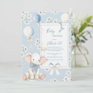 Blue Floral Elephant with Balloons Elegant Baby Invitation