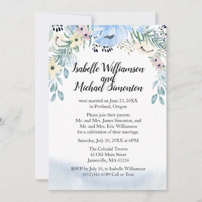 Blue Floral Elopement Reception Invitations (Front)