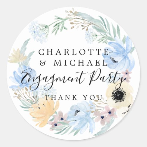 Blue Floral Engagement Thank You Classic Round Sticker