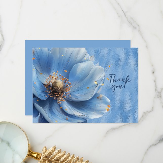Blue Floral Enlarged on Shiny Blue Thank You (Front/Back In Situ)