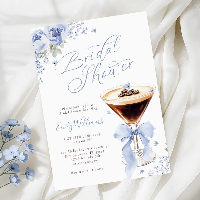 Blue Floral Espresso Martini Bridal Shower Invitation (Creator Uploaded)