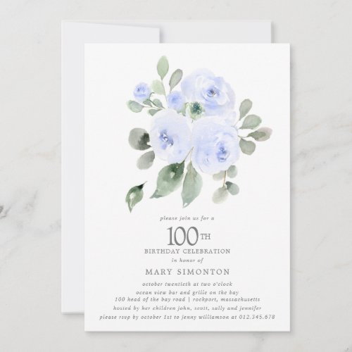 Blue Floral Eucalyptus 100th Birthday Party Invitation