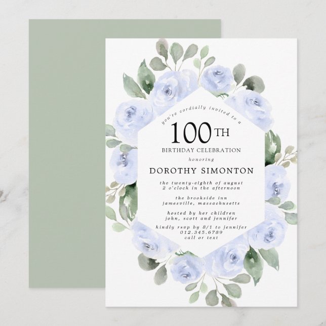 Blue Floral Eucalyptus 100th Birthday Party Invitation (Front/Back)