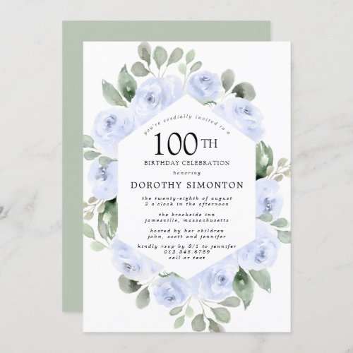 Blue Floral Eucalyptus 100th Birthday Party Invitation