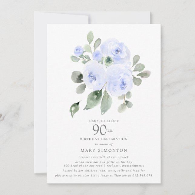Blue Floral Eucalyptus 90th Birthday Party Invitation (Front)