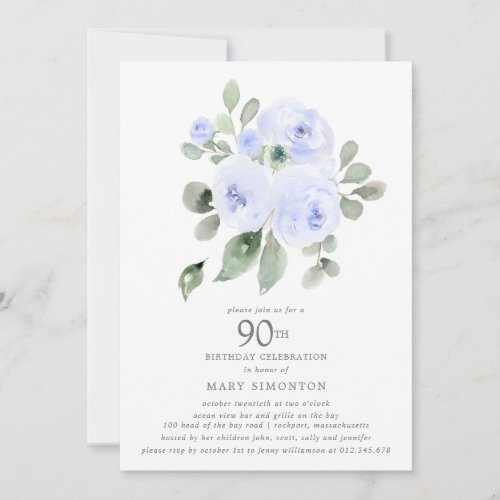 Blue Floral Eucalyptus 90th Birthday Party Invitation