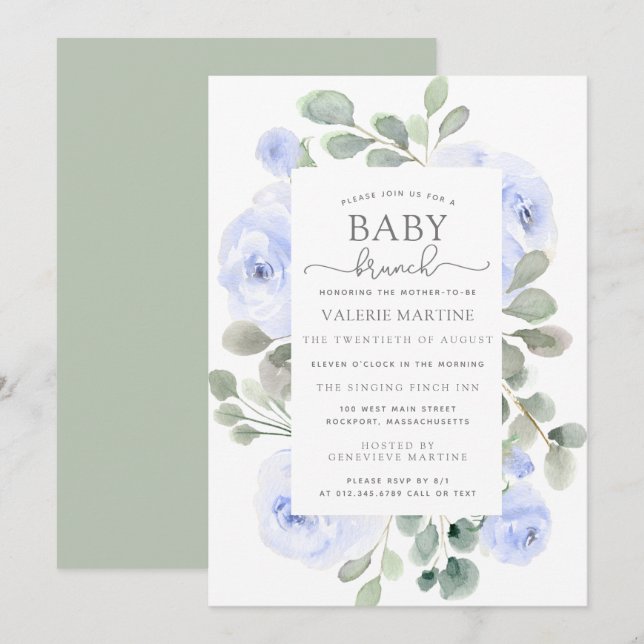 Blue Floral Eucalyptus Baby Brunch Invitation (Front/Back)