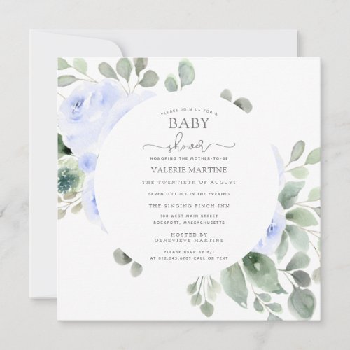 Blue Floral Eucalyptus Botanical Baby Shower Invitation