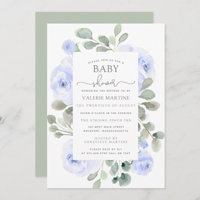 Blue Floral Eucalyptus Botanical Baby Shower Invitation (Front/Back)