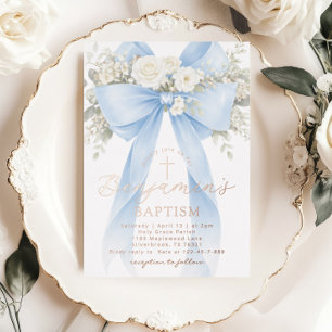 Blue Floral Eucalyptus Bow Boy Baptism Foil Invitation