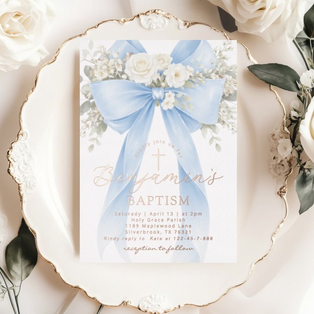 Blue Floral Eucalyptus Bow Boy Baptism Foil Invitation (Creator Uploaded)