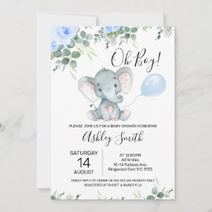 Blue Floral Eucalyptus Elephant Baby Shower Invitation