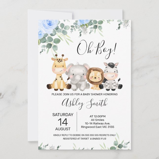 Blue Floral Eucalyptus Four Safari Baby Shower Invitation (Front)