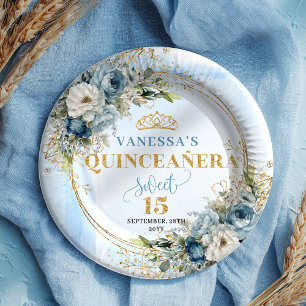 Blue Floral Eucalyptus Gold Custom Quinceañera  Paper Plates