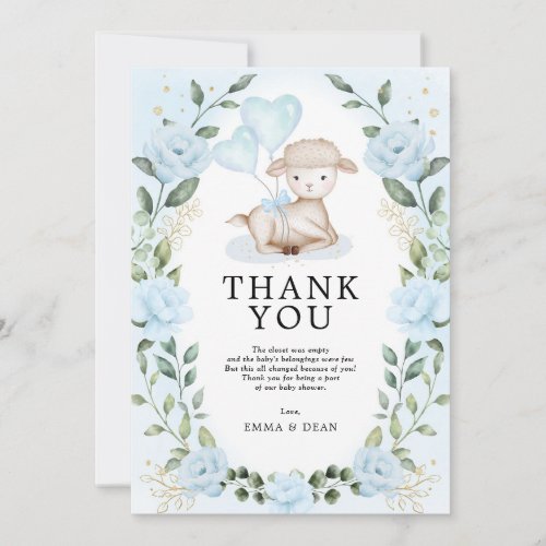Blue Floral Eucalyptus Lamb Baby Sheep Shower Thank You Card