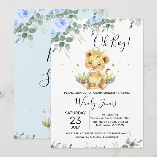 Blue Floral Eucalyptus Lion King Baby Shower Invitation Zazzle