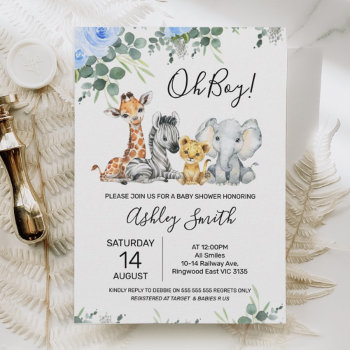 Blue Floral Eucalyptus Safari Baby Shower Invitation by figtreedesign at Zazzle