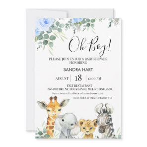 Blue Floral Eucalyptus Safari Heads Baby Shower Invitation