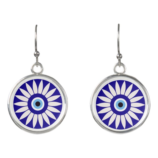Blue Floral Evil Eye Talisman Earrings  (Front)