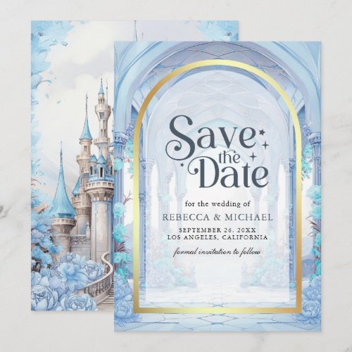 Blue Floral Fairytale Castle Wedding Save The Date