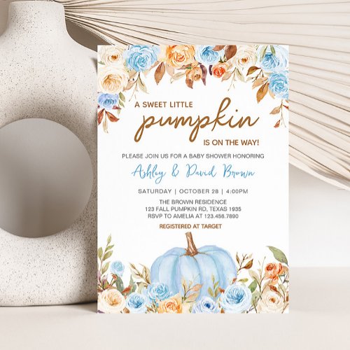 Blue Floral Fall Pumpkin Baby Shower Invitation